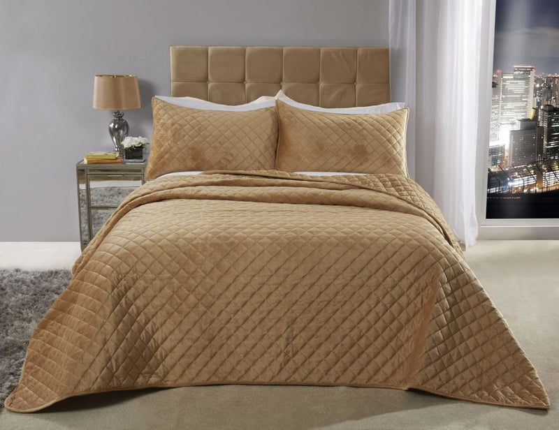 Luxury Quilted Bedspread & 2 Pillow shams in 4 colours Silver, Navy, Taupe, Ochre