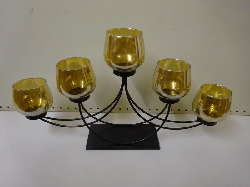Hestia Black Metal Candle Holder 5 Amber/Gold Glass Cups