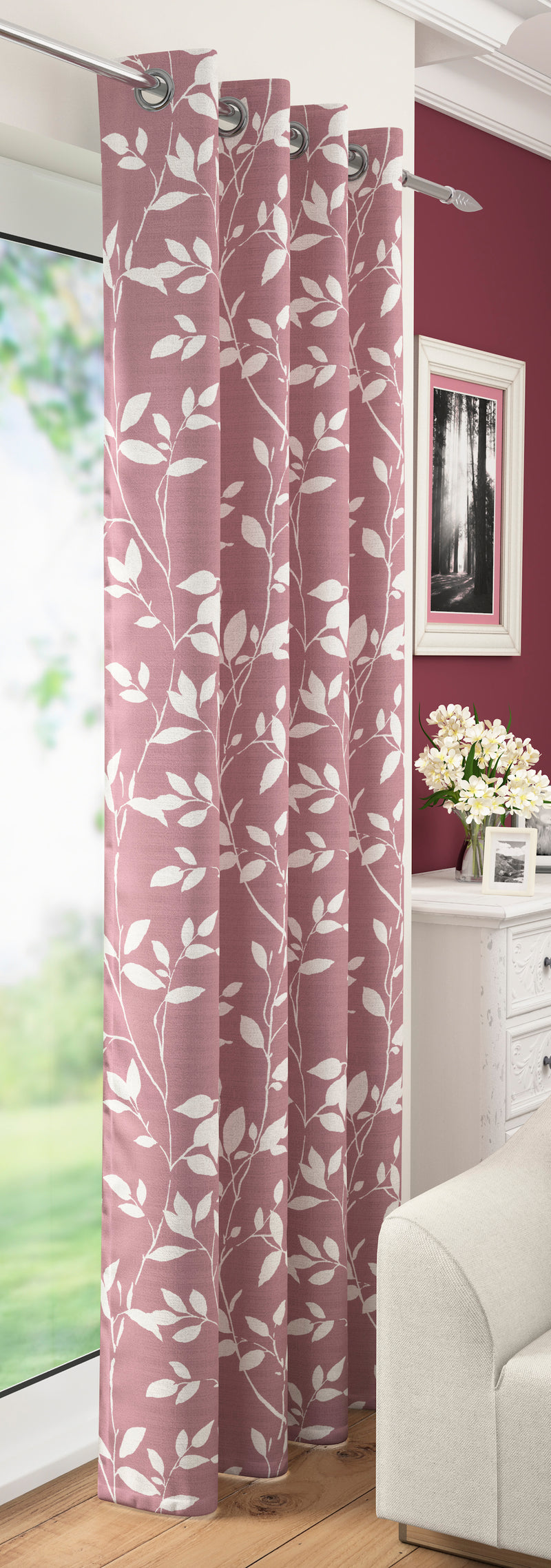 Blush Laurel Floral Leaf Voile Leaves Voile Net Curtain Eyelet Ring Top Single Panel