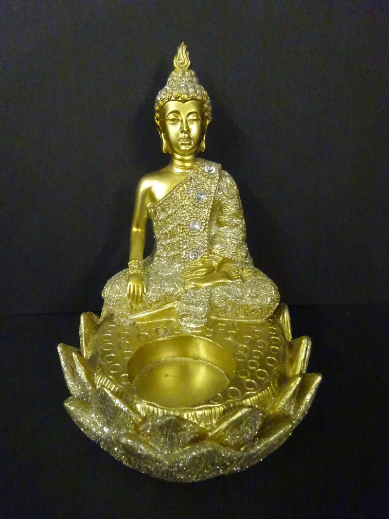 Thai BUDDHA CANDLE HOLDER Tea Light Holder Gold & Silver MEDITATING 14.5cm