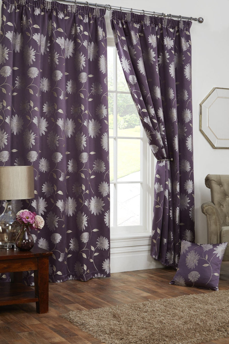 Freya – Floral Lined Pencil Pleat Curtains in Aubergine
