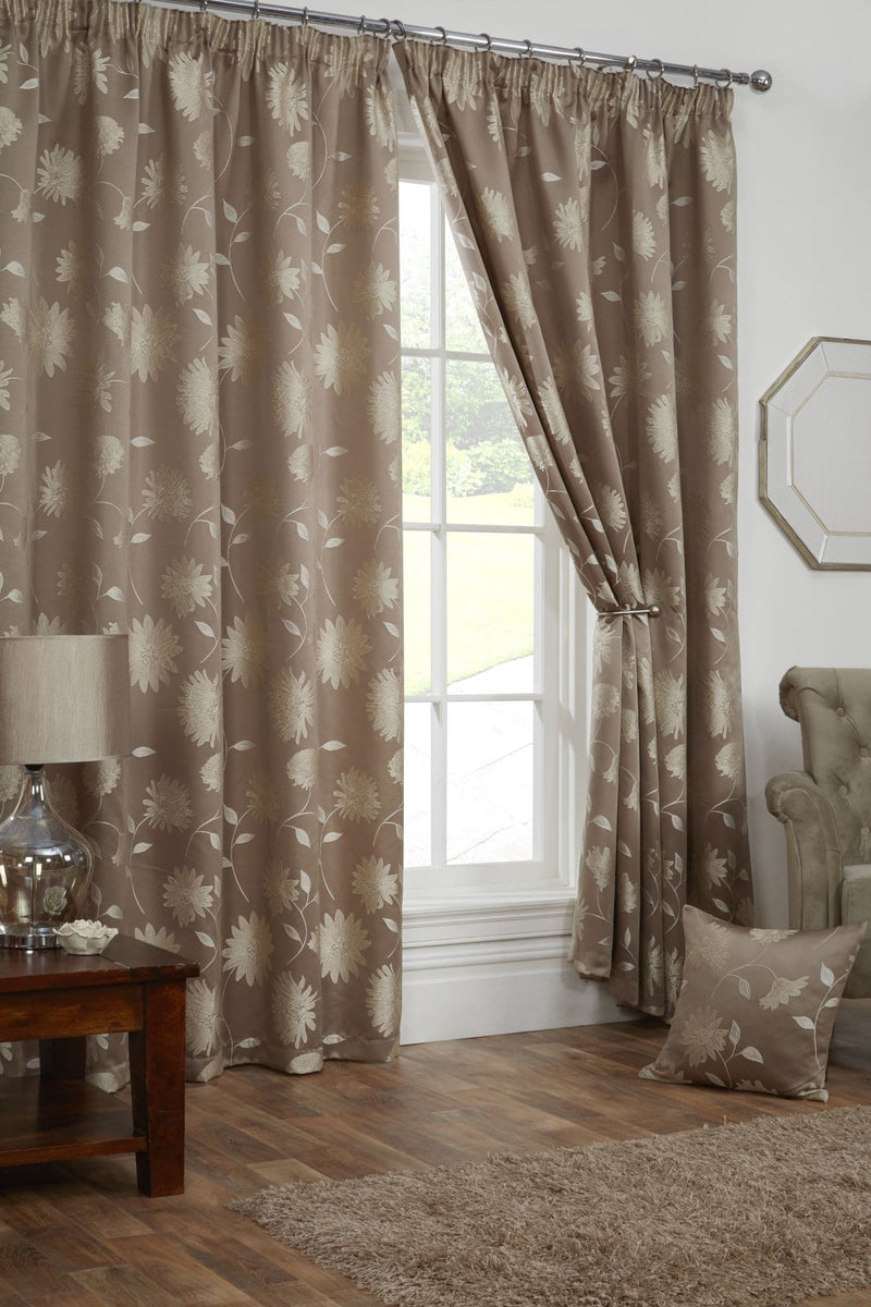 Freya – Floral Lined Pencil Pleat Curtains in Latte