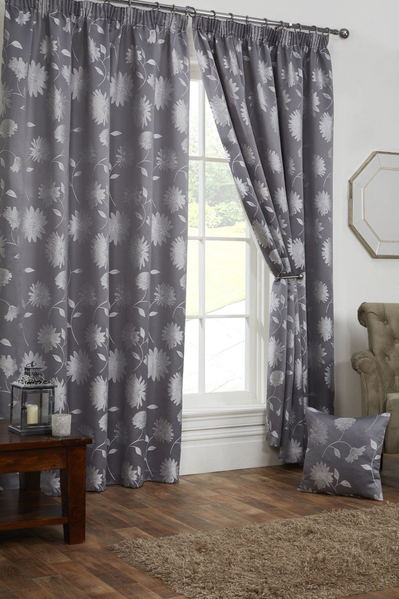 Freya – Floral Lined Pencil Pleat Curtains in Silver
