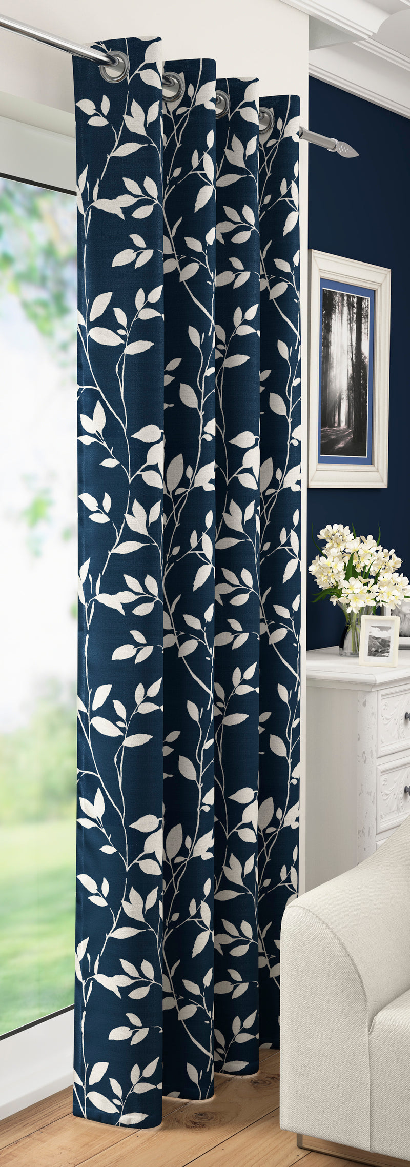 Blue Laurel Floral Leaf Voile Leaves Voile Net Curtain Eyelet Ring Top Single Panel