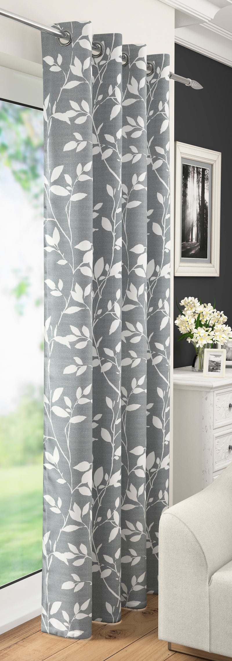 Grey Laurel Floral Leaf Voile Leaves Voile Net Curtain Eyelet Ring Top Single Panel